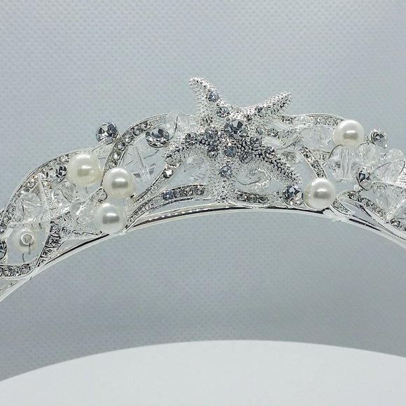 Silver Crystals, Pearls, Beads Hand Decorated Starfish Beach Wedding Tiara NWT - Picture 7 of 9